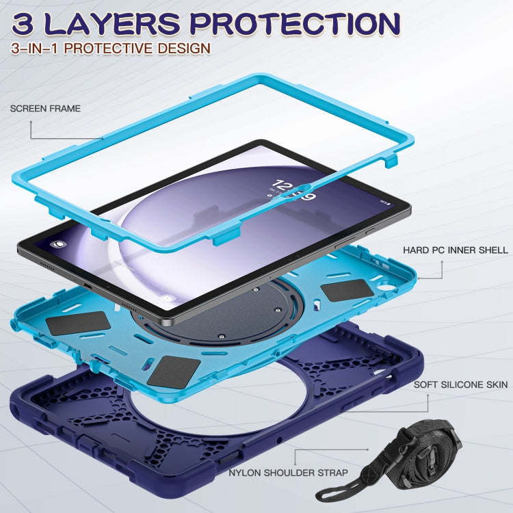 Samsung Galaxy Tab A9+ Silicone Hybrid PC Tablet Case with Holder, showcasing its durable design and functional features.